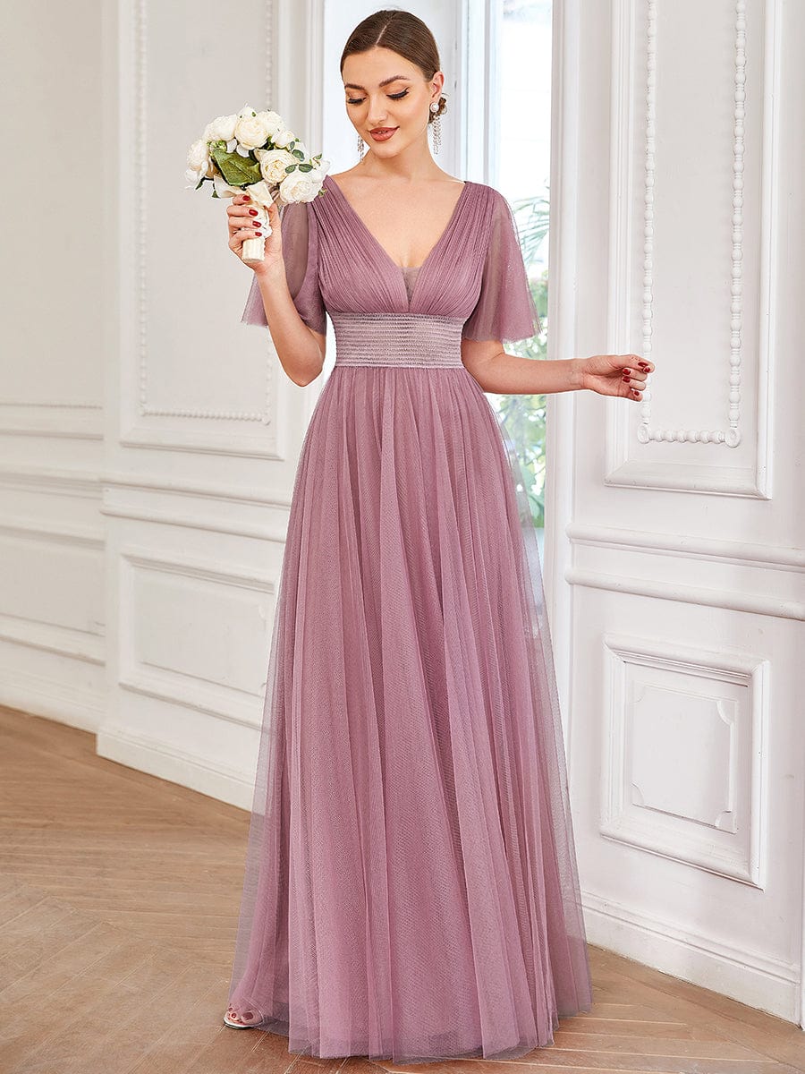 Pleated A-Line Short Sleeve Wide Waist Tulle Bridesmaid Dress #color_Purple Orchid