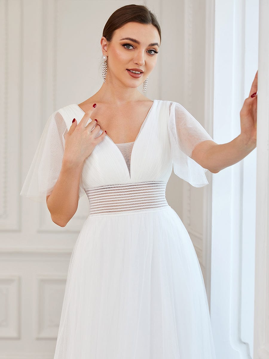 Pleated A-Line Short Sleeve Wide Waist Tulle Bridesmaid Dress
