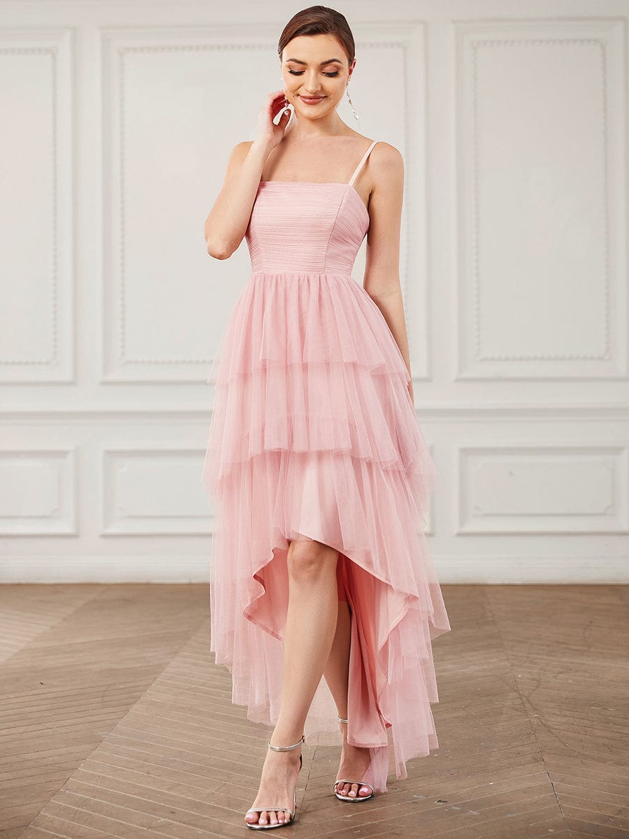Tulle Spaghetti Strap Ruffled High-Low Bridesmaid Dress #Color_Pink Tulle Spaghetti Strap Ruffled High-Low Bridesmaid Dress