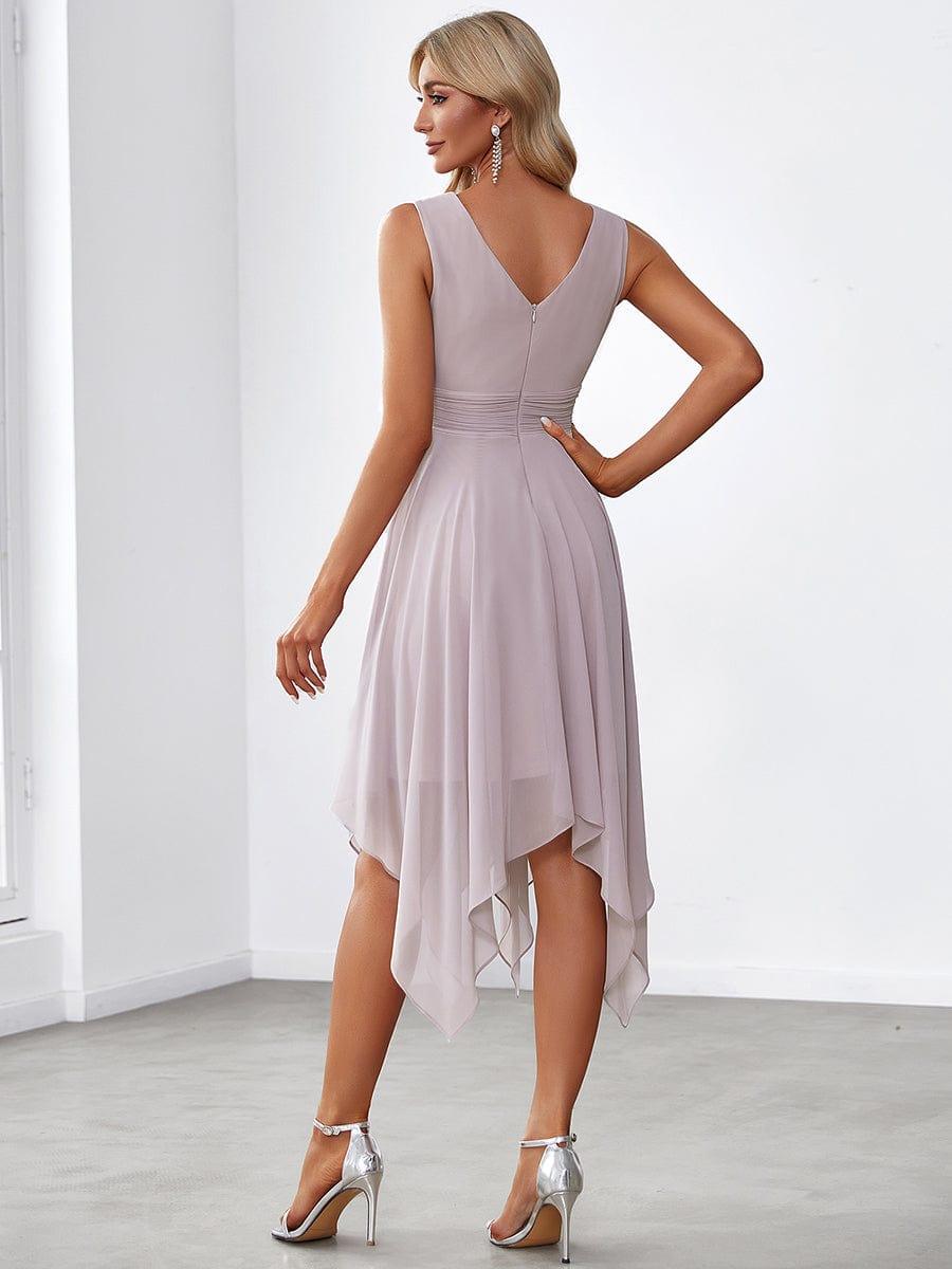 Hot V Neck Ruched Asymmetrical Hems Midi Chiffon Bridesmaid Dress #color_Lilac
