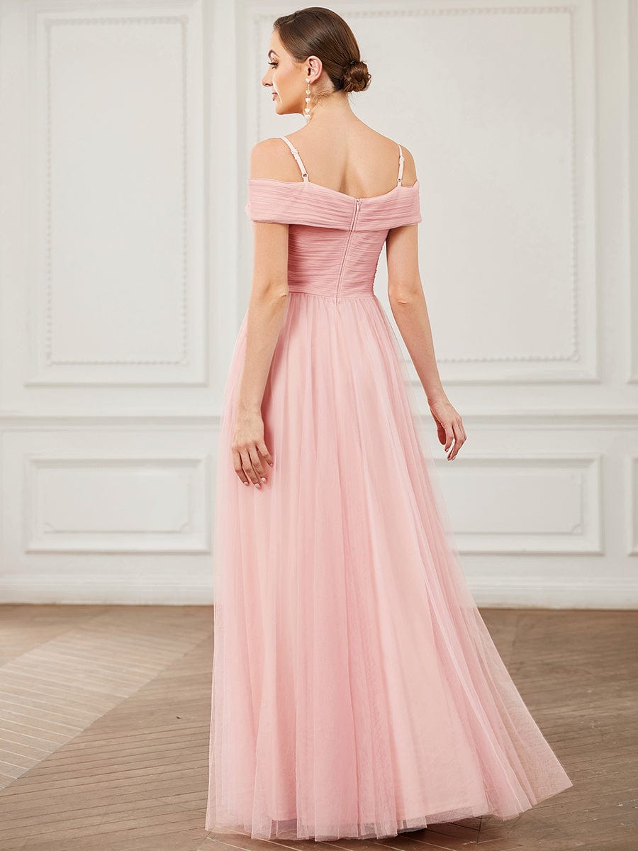 Spaghetti Strap Cold Shoulder Cross Over A-Line Tulle  Bridesmaid Dress #color_Pink