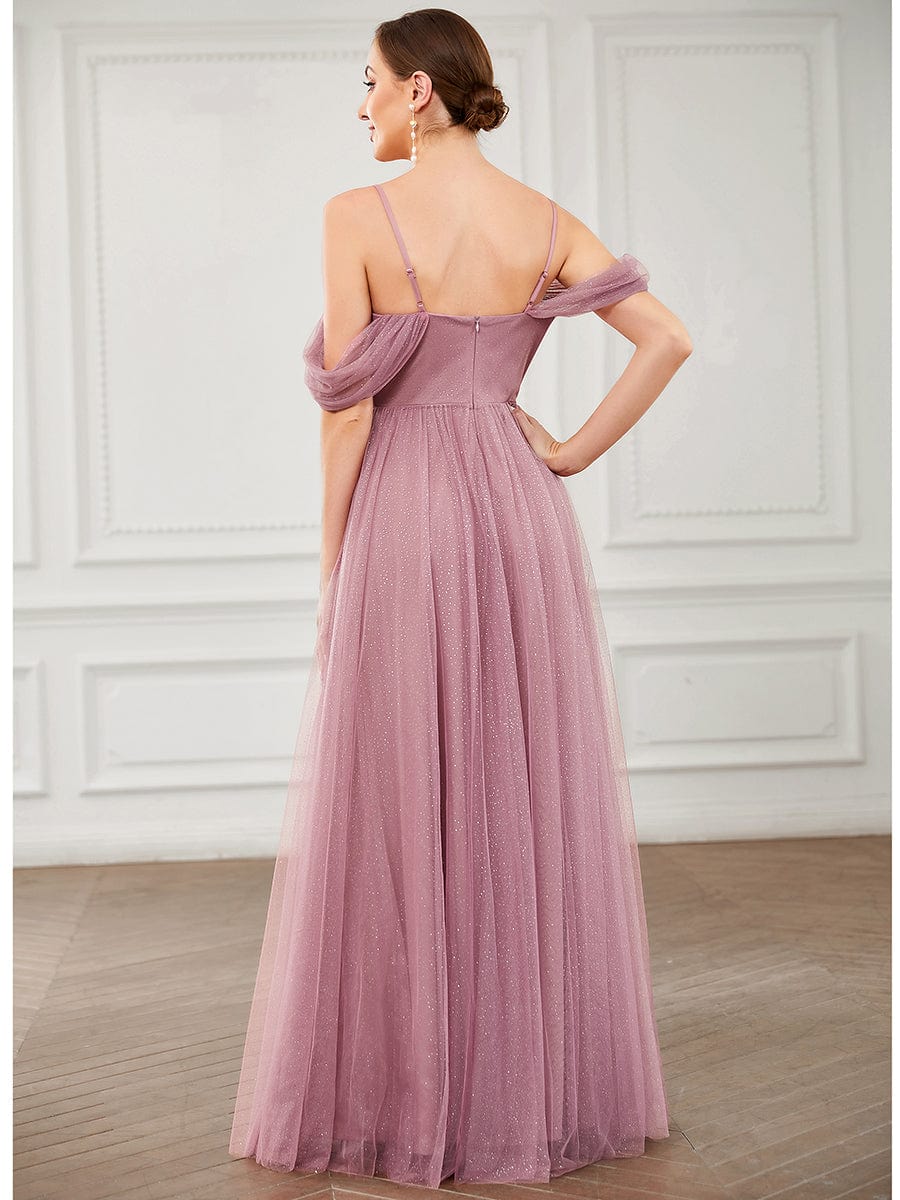 Draped Sleeve Spaghetti Strap A-Line Tulle Bridesmaid Dress #Color_Purple Orchid Draped Sleeve Spaghetti Strap A-Line Tulle Bridesmaid Dress