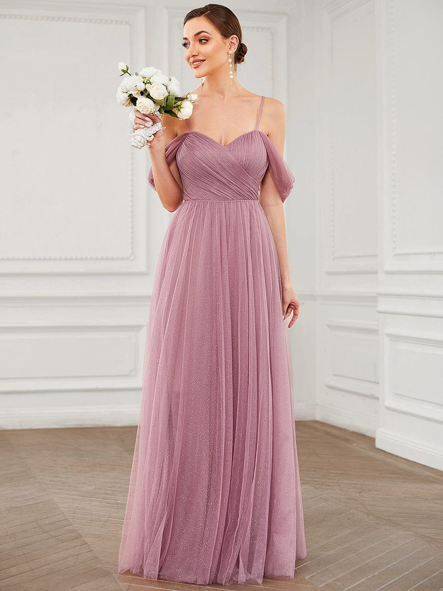 Draped Sleeve Spaghetti Strap A-Line Tulle Bridesmaid Dress #Color_Purple Orchid Draped Sleeve Spaghetti Strap A-Line Tulle Bridesmaid Dress