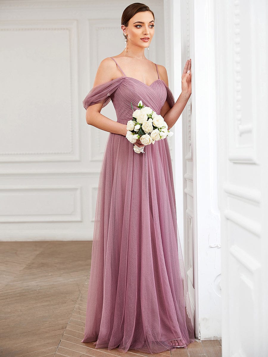 Draped Sleeve Spaghetti Strap A-Line Tulle Bridesmaid Dress #Color_Purple Orchid Draped Sleeve Spaghetti Strap A-Line Tulle Bridesmaid Dress