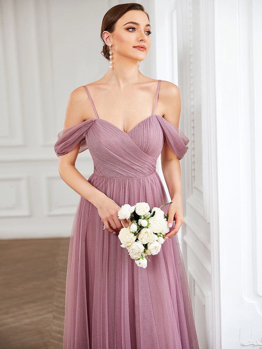 Draped Sleeve Spaghetti Strap A-Line Tulle Bridesmaid Dress #Color_Purple Orchid Draped Sleeve Spaghetti Strap A-Line Tulle Bridesmaid Dress
