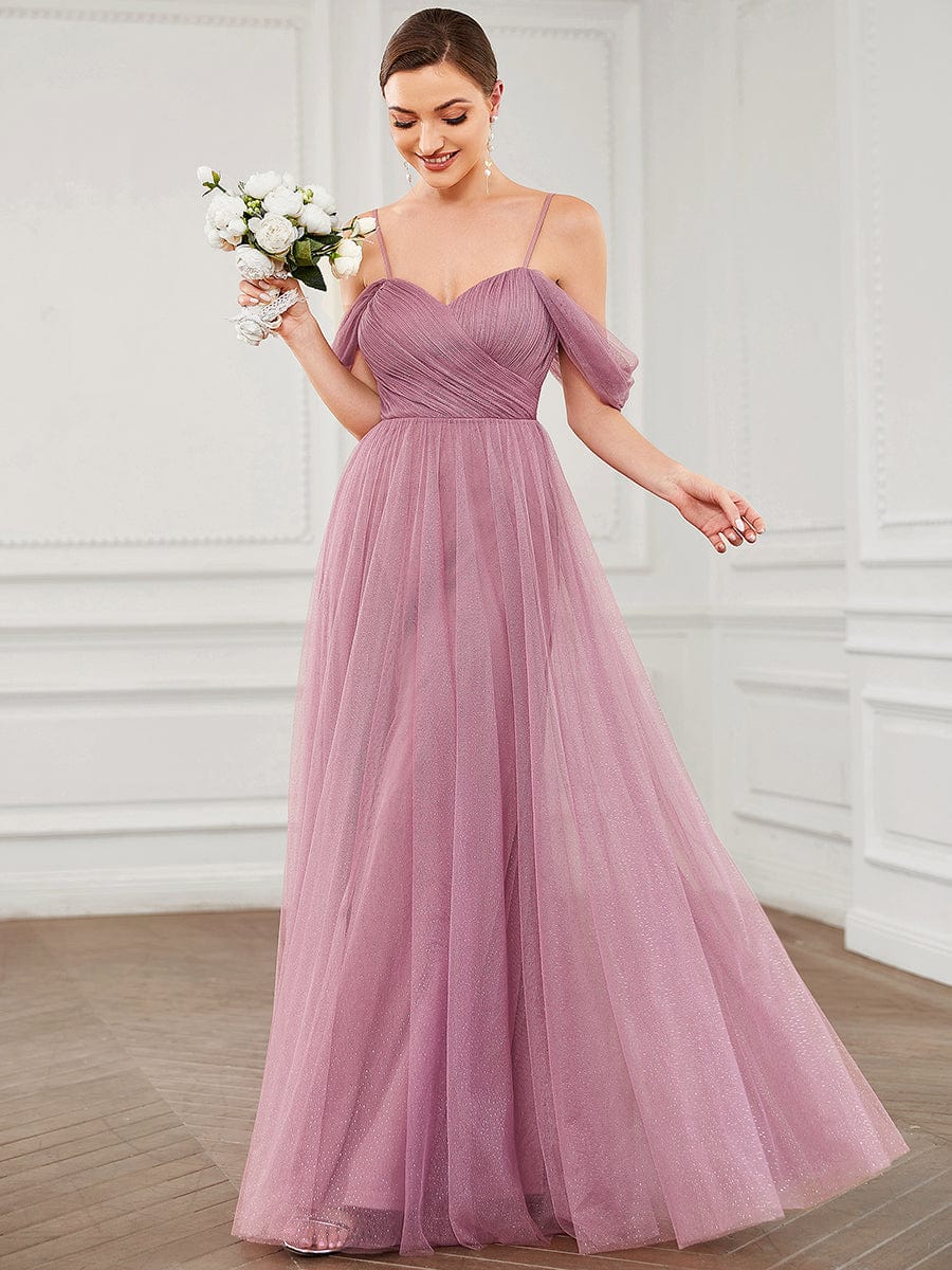 Draped Sleeve Spaghetti Strap A-Line Tulle Bridesmaid Dress #Color_Purple Orchid Draped Sleeve Spaghetti Strap A-Line Tulle Bridesmaid Dress