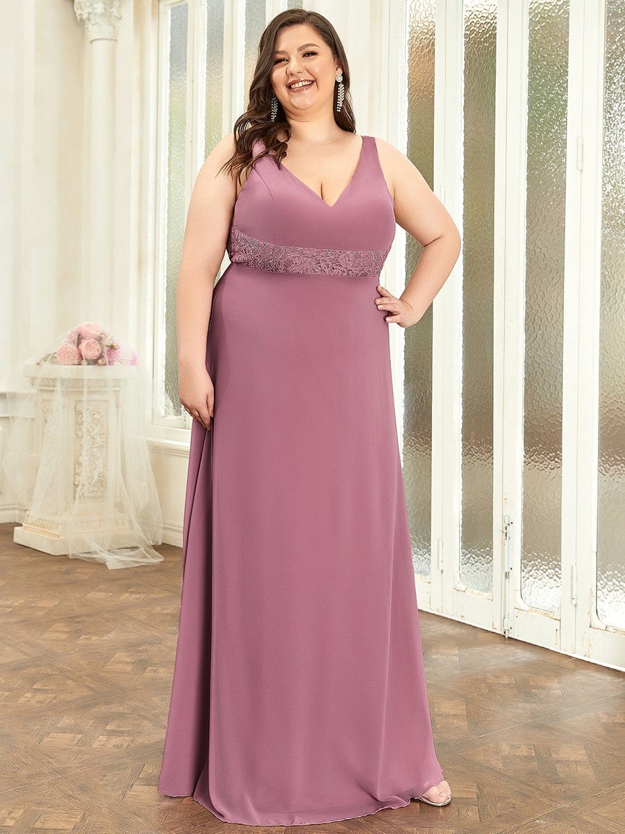 Backless Lace A-Line Chiffon Bridesmaid Dress #Color_Purple Orchid Plus Size Backless Lace A-Line Chiffon Bridesmaid Dress
