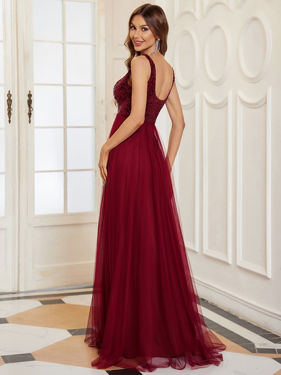 Tulle Sequin Sleeveless A-Line Bridesmaid Dress #color_Burgundy Tulle Sequin Sleeveless A-Line Bridesmaid Dress