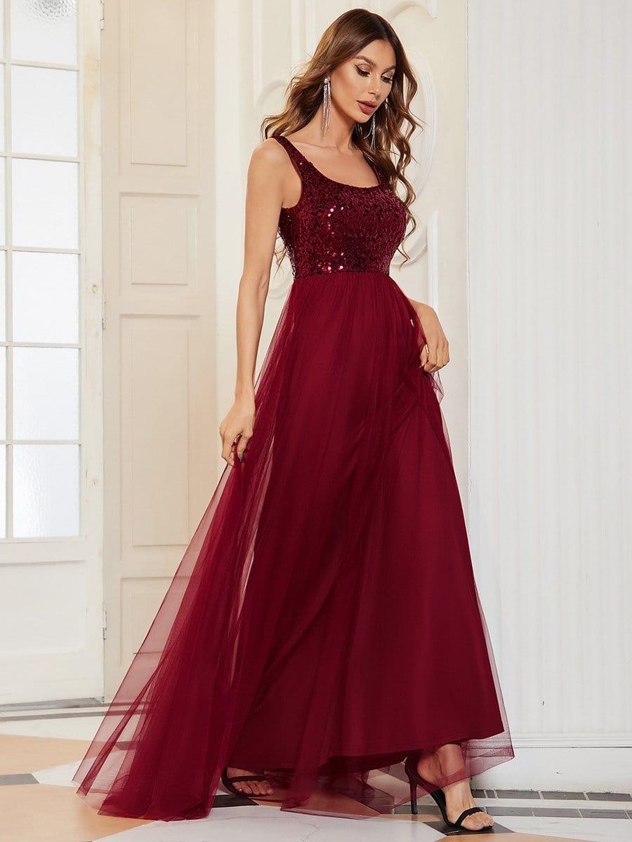 Tulle Sequin Sleeveless A-Line Bridesmaid Dress #color_Burgundy Tulle Sequin Sleeveless A-Line Bridesmaid Dress