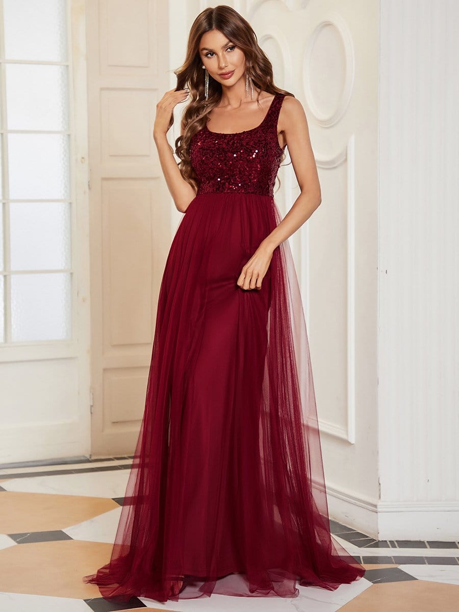 Tulle Sequin Sleeveless A-Line Bridesmaid Dress #color_Burgundy Tulle Sequin Sleeveless A-Line Bridesmaid Dress