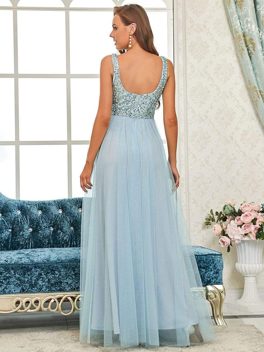Tulle Sequin Sleeveless A-Line Bridesmaid Dress #color_Burgundy Tulle Sequin Sleeveless A-Line Bridesmaid Dress
