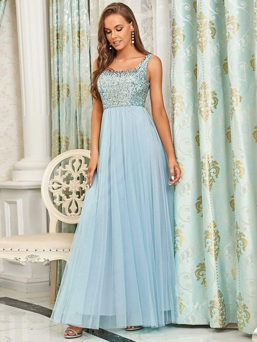 Tulle Sequin Sleeveless A-Line Bridesmaid Dress #color_Burgundy Tulle Sequin Sleeveless A-Line Bridesmaid Dress