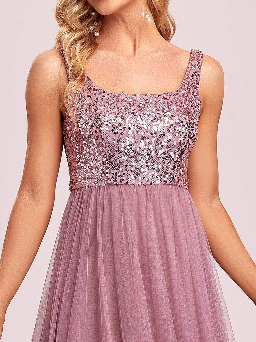 Tulle Sequin Sleeveless A-Line Bridesmaid Dress #color_Burgundy Tulle Sequin Sleeveless A-Line Bridesmaid Dress