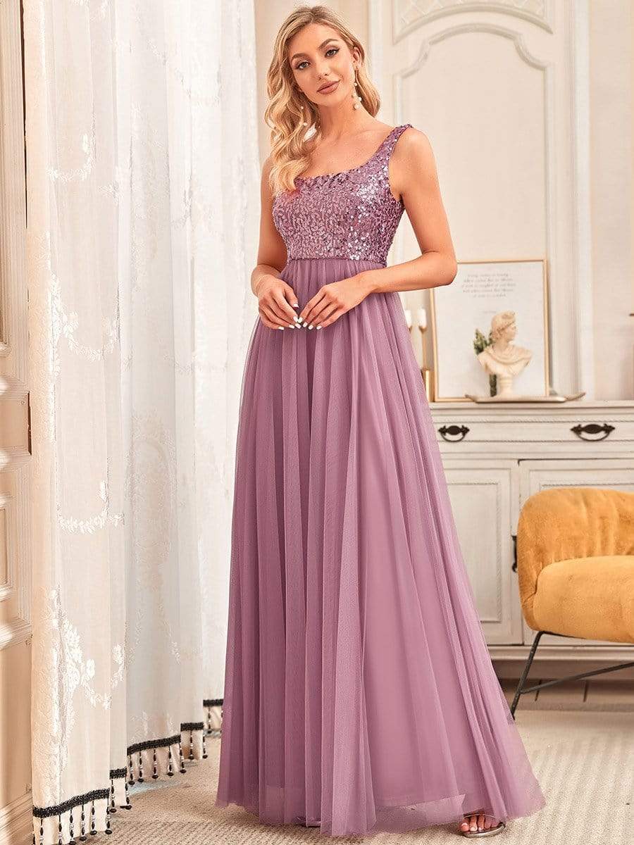 Tulle Sequin Sleeveless A-Line Bridesmaid Dress #color_Burgundy Tulle Sequin Sleeveless A-Line Bridesmaid Dress