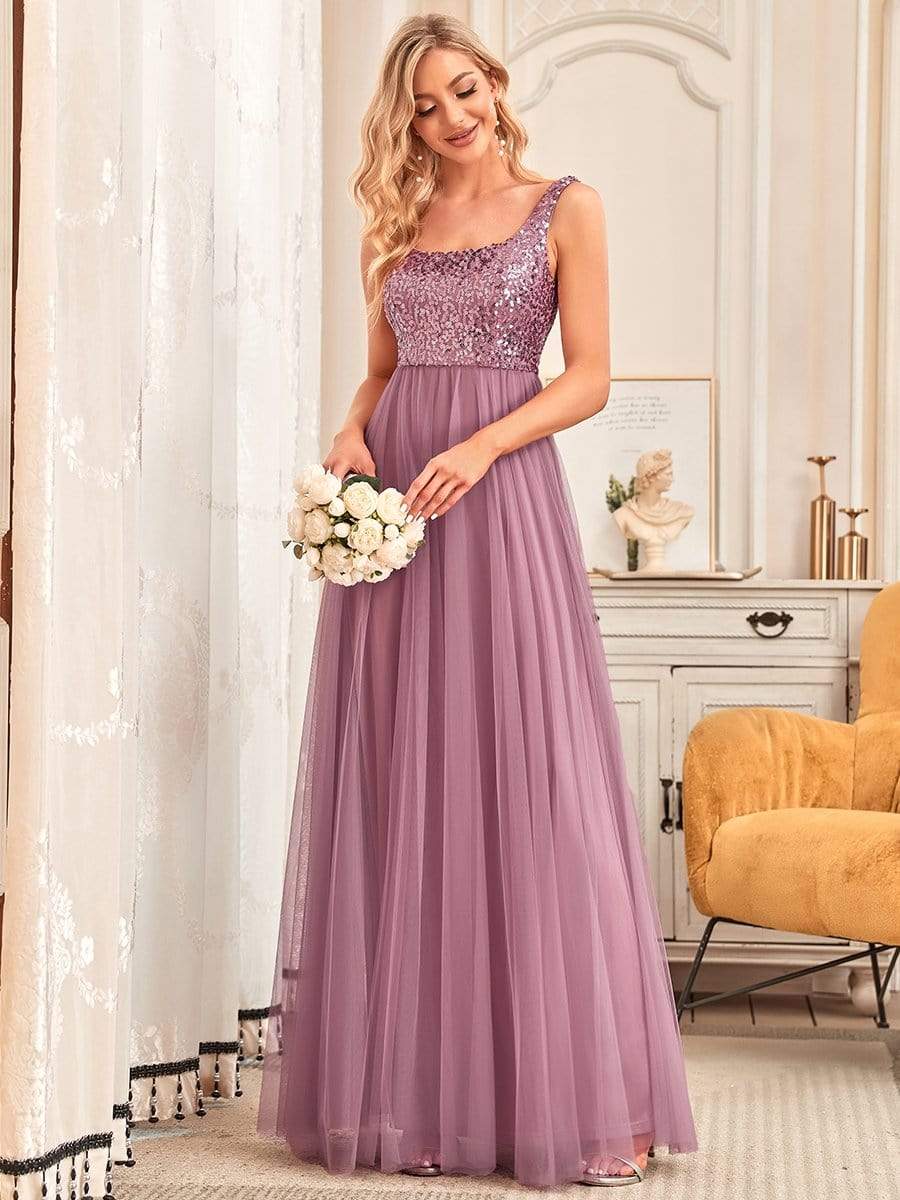 Tulle Sequin Sleeveless A-Line Bridesmaid Dress #color_Burgundy Tulle Sequin Sleeveless A-Line Bridesmaid Dress