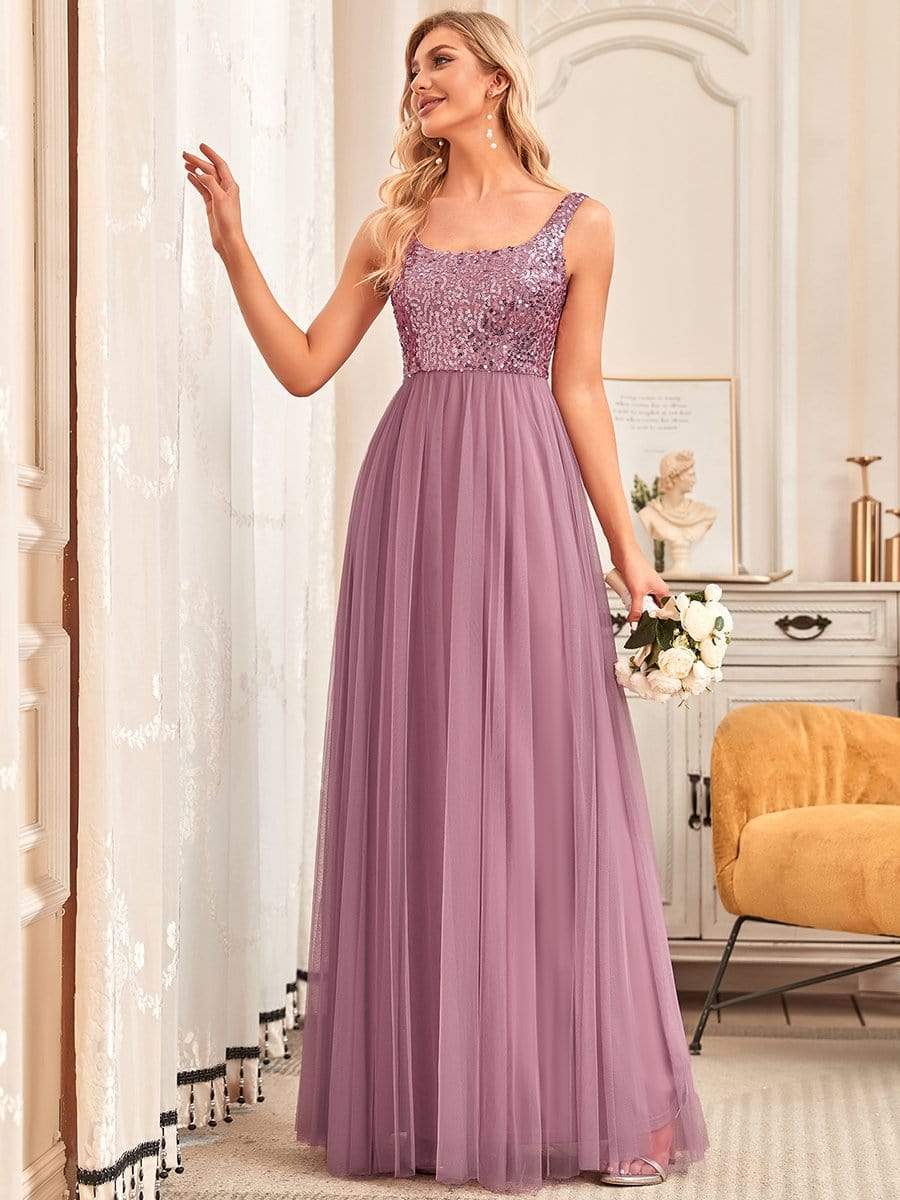 Tulle Sequin Sleeveless A-Line Bridesmaid Dress #color_Burgundy Tulle Sequin Sleeveless A-Line Bridesmaid Dress