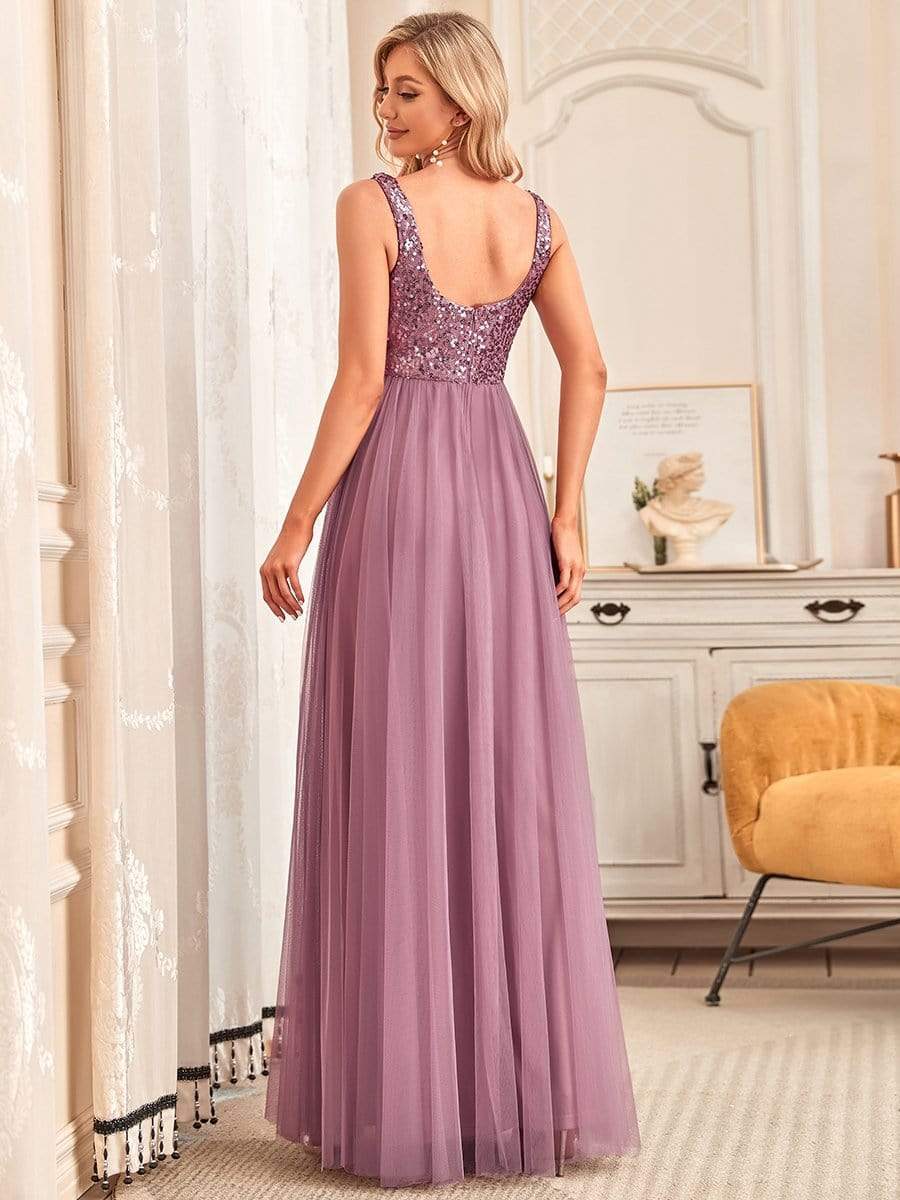 Tulle Sequin Sleeveless A-Line Bridesmaid Dress #color_Burgundy Tulle Sequin Sleeveless A-Line Bridesmaid Dress