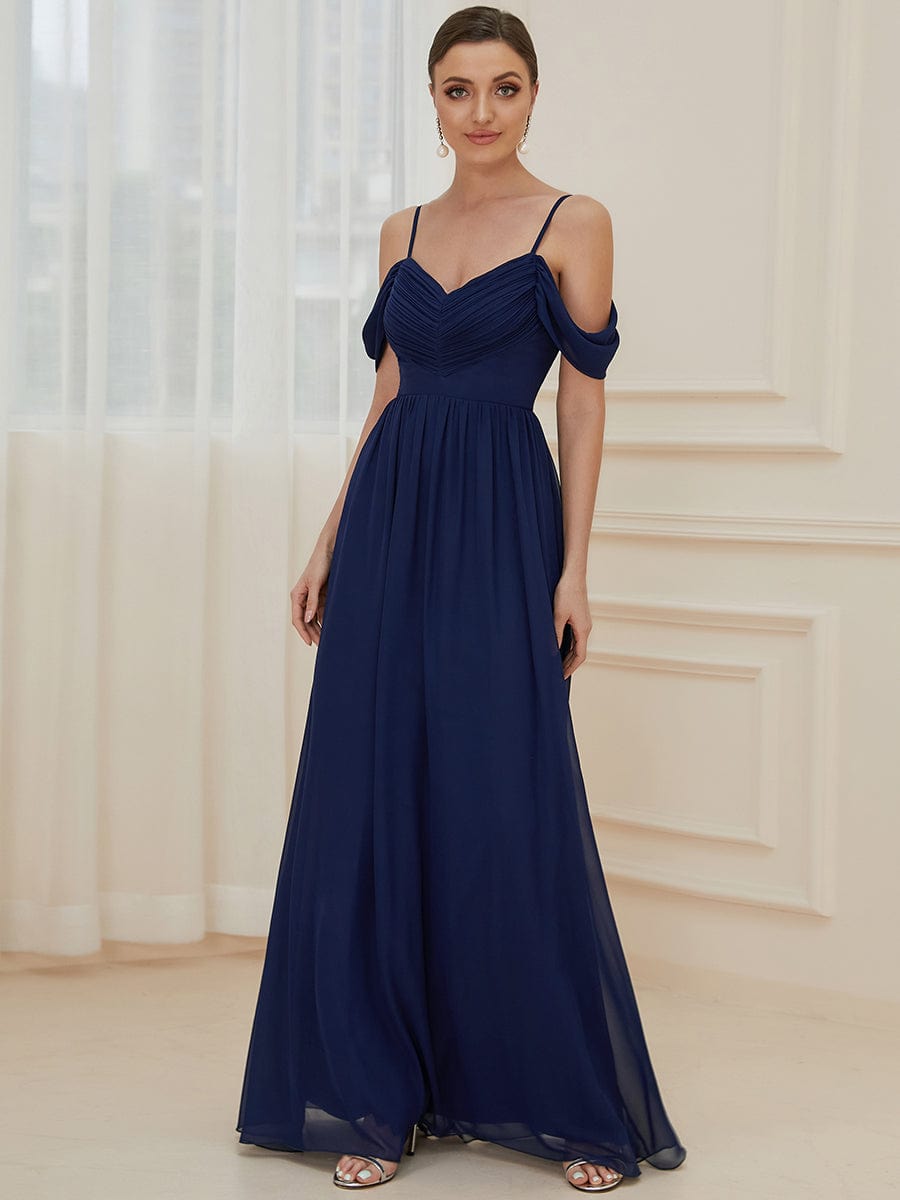Pleated V-Neck Cold Shoulder Bridesmaid Dress #color_Navy Blue 