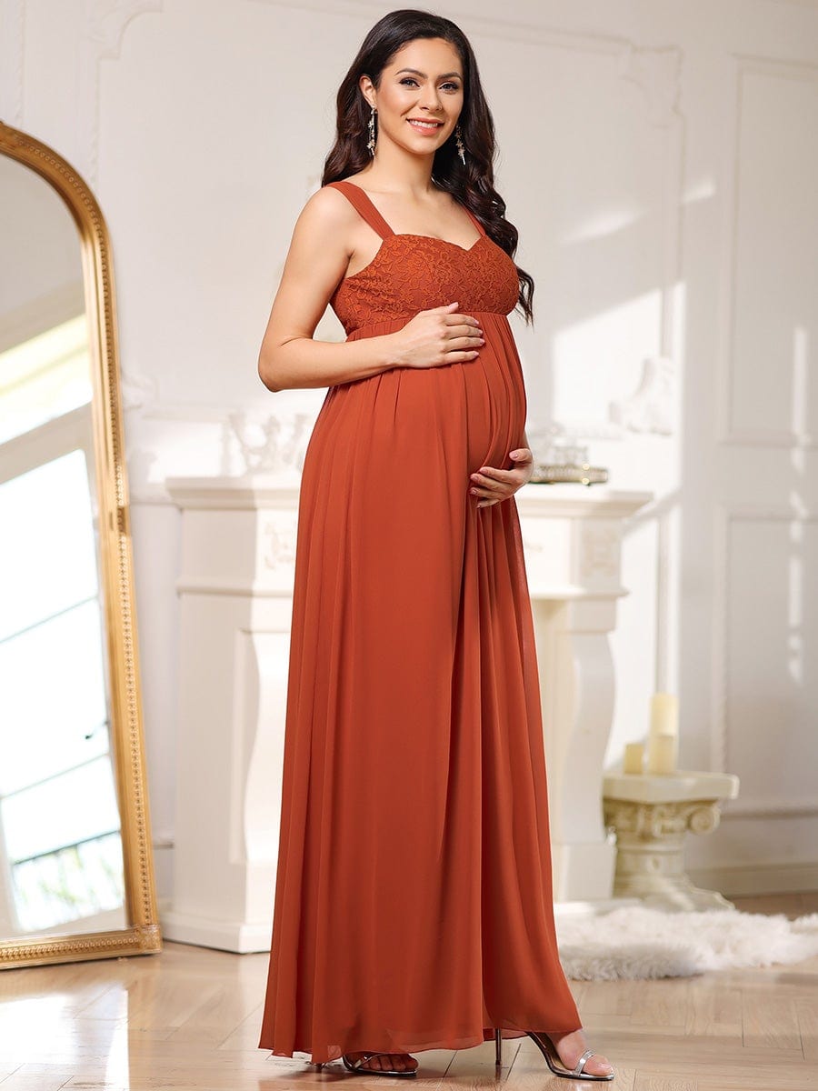 Empire Waist Floral Lace Chiffon Bump Friendly Dress #color_Burnt Orange Empire Waist Floral Lace Chiffon Maternity Dress