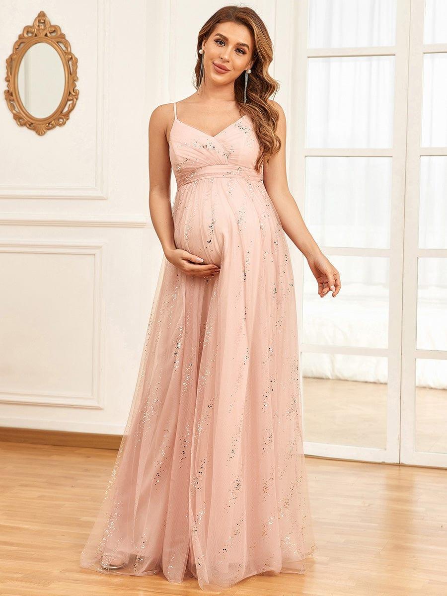 Spaghetti Strap V-Neck Empire Waist Sparkling Bump Friendly Dress #color_Green Bean Spaghetti Strap V-Neck Empire Waist Sparkling Maternity Dress