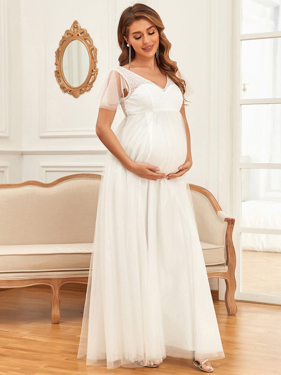Sequin Sweetheart Sheer Flutter Sleeve Tulle Empire Waist Maternity Dress