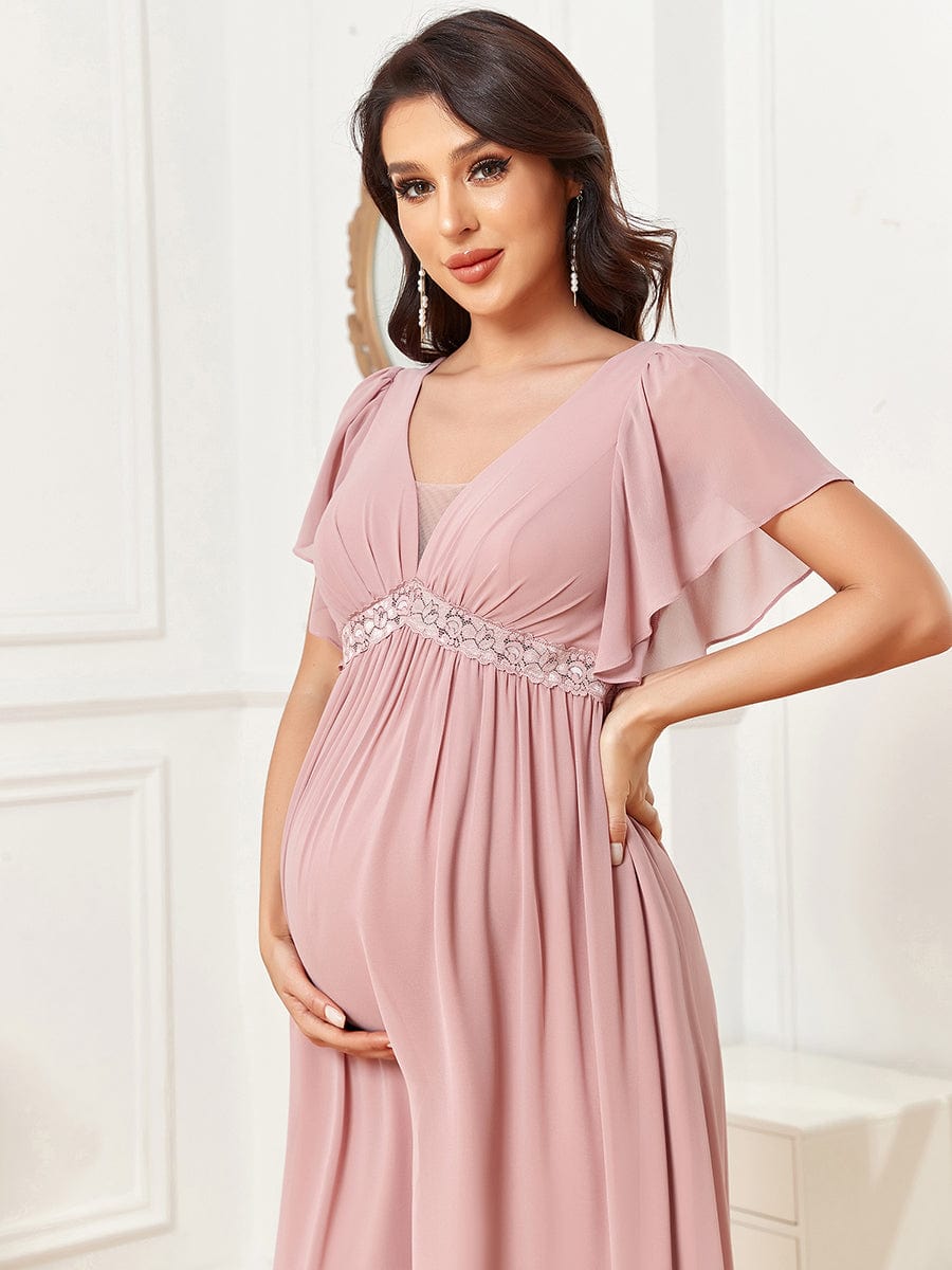 Chiffon Lace Empire Waist Short Sleeve Pleated Maternity Dress #Color_Dusty Rose Chiffon Lace Empire Waist Short Sleeve Pleated Maternity Dress