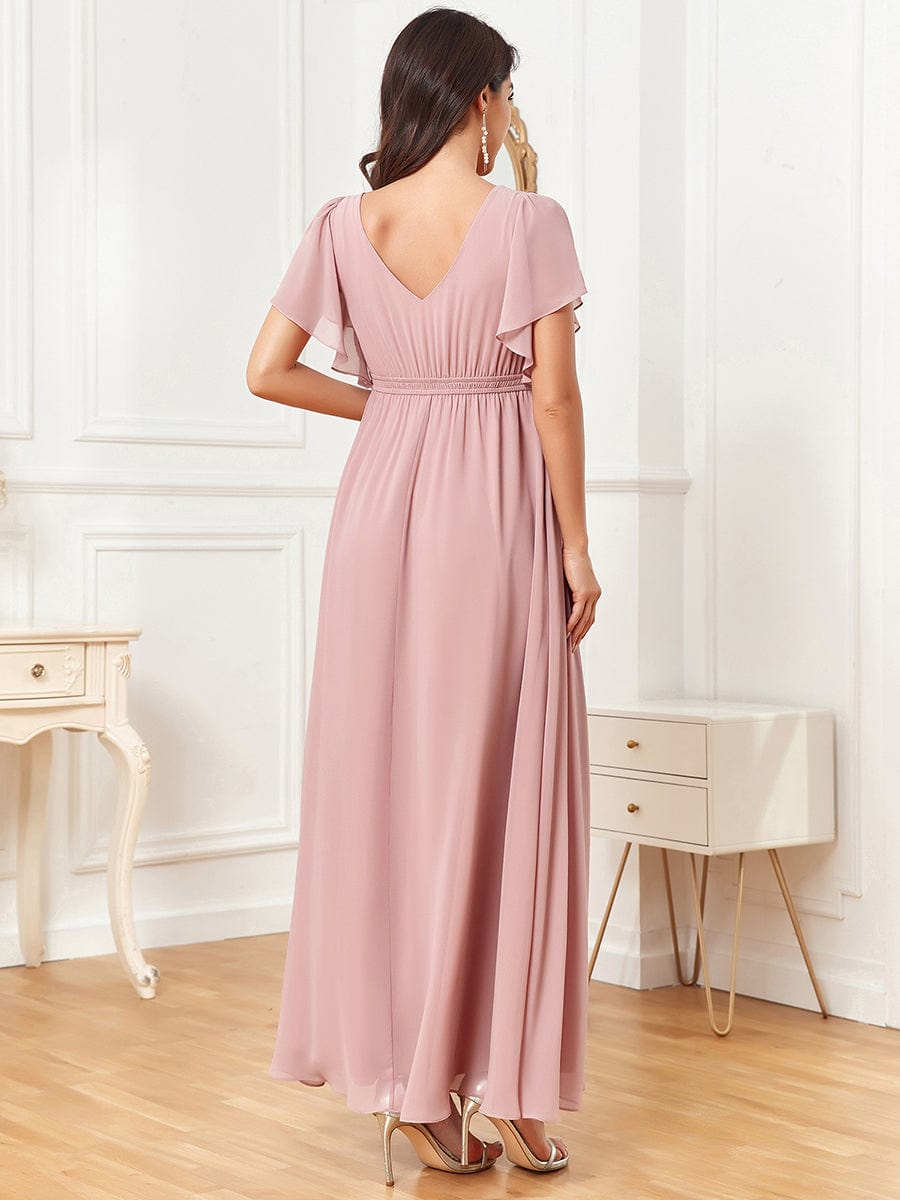 Chiffon Lace Empire Waist Short Sleeve Pleated Maternity Dress #Color_Dusty Rose Chiffon Lace Empire Waist Short Sleeve Pleated Maternity Dress