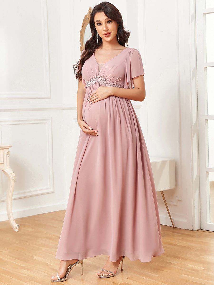 Chiffon Lace Empire Waist Short Sleeve Pleated Maternity Dress #Color_Dusty Rose Chiffon Lace Empire Waist Short Sleeve Pleated Maternity Dress