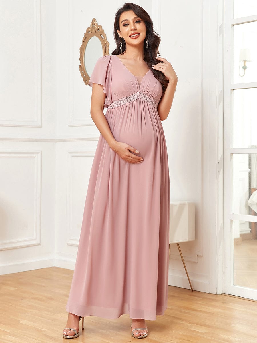 Chiffon Lace Empire Waist Short Sleeve Pleated Maternity Dress #Color_Dusty Rose Chiffon Lace Empire Waist Short Sleeve Pleated Maternity Dress