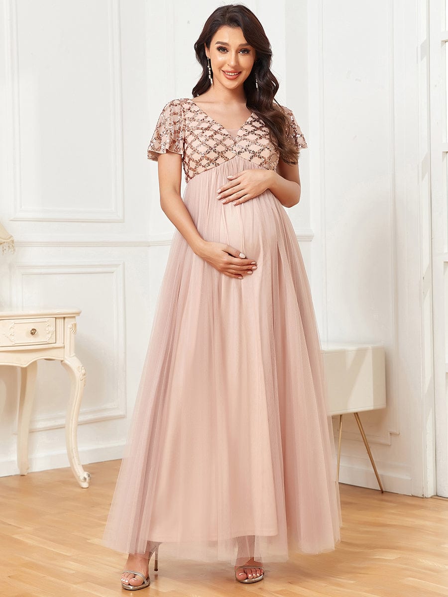 Sequin Short Sleeve Empire Waist Pleated Tulle Maternity Dress #Color_Rose Gold Sequin Short Sleeve Empire Waist Pleated Tulle Maternity Dress