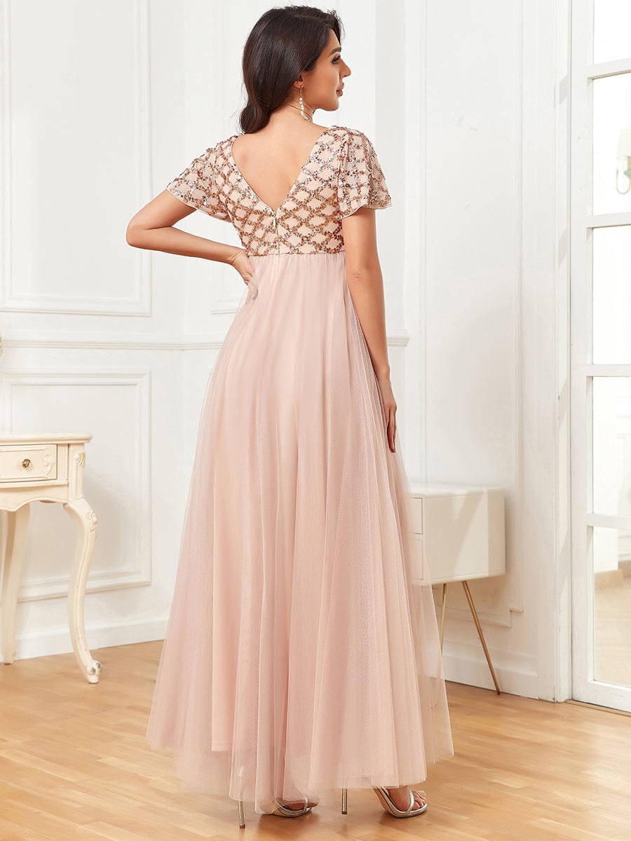 Sequin Short Sleeve Empire Waist Pleated Tulle Maternity Dress #Color_Rose Gold Sequin Short Sleeve Empire Waist Pleated Tulle Maternity Dress