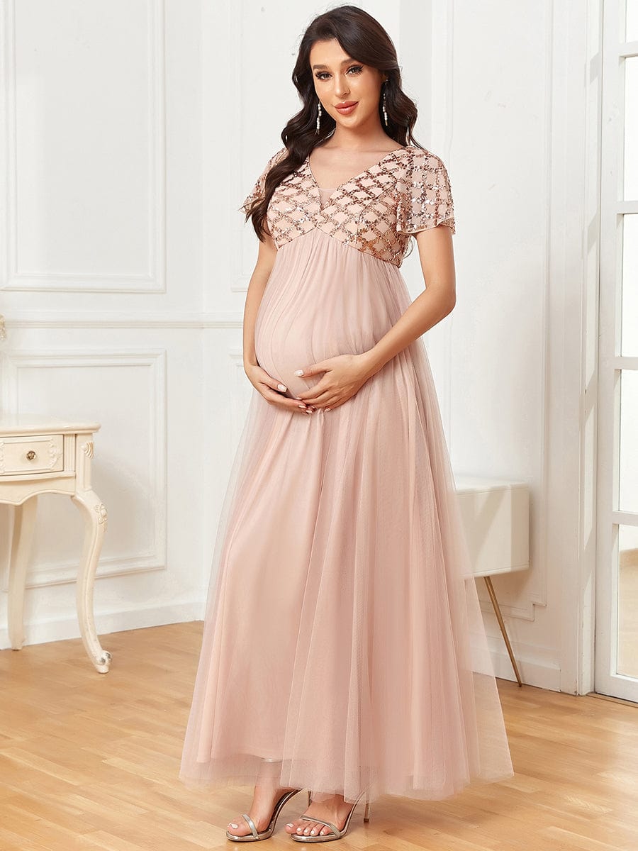 Sequin Short Sleeve Empire Waist Pleated Tulle Maternity Dress #Color_Rose Gold Sequin Short Sleeve Empire Waist Pleated Tulle Maternity Dress