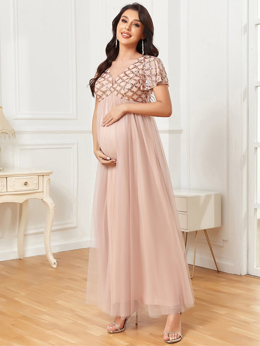 Sequin Short Sleeve Empire Waist Pleated Tulle Maternity Dress #Color_Rose Gold Sequin Short Sleeve Empire Waist Pleated Tulle Maternity Dress