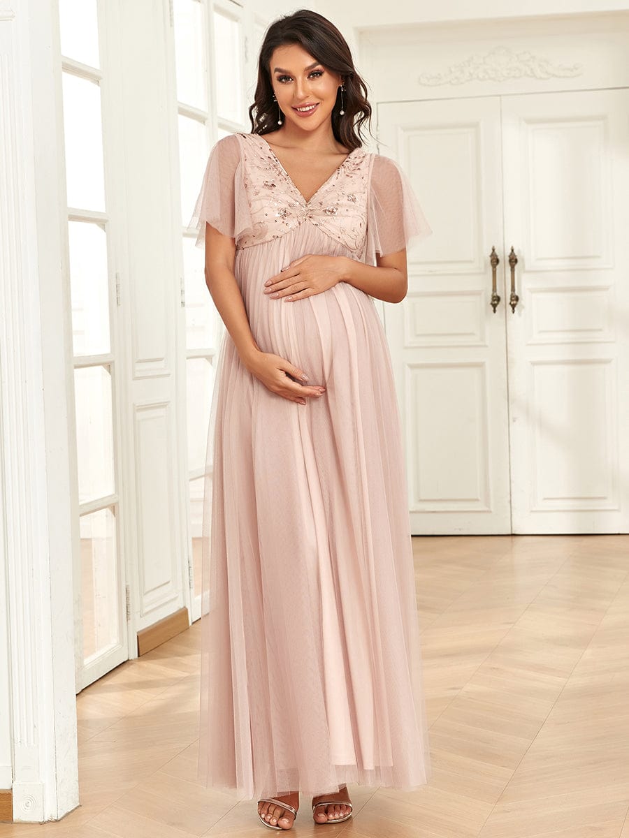 Short Sleeve V-Neck Sequin Tulle A-Line Maternity Dress #Color_Rose Gold Short Sleeve V-Neck Sequin Tulle A-Line Maternity Dress