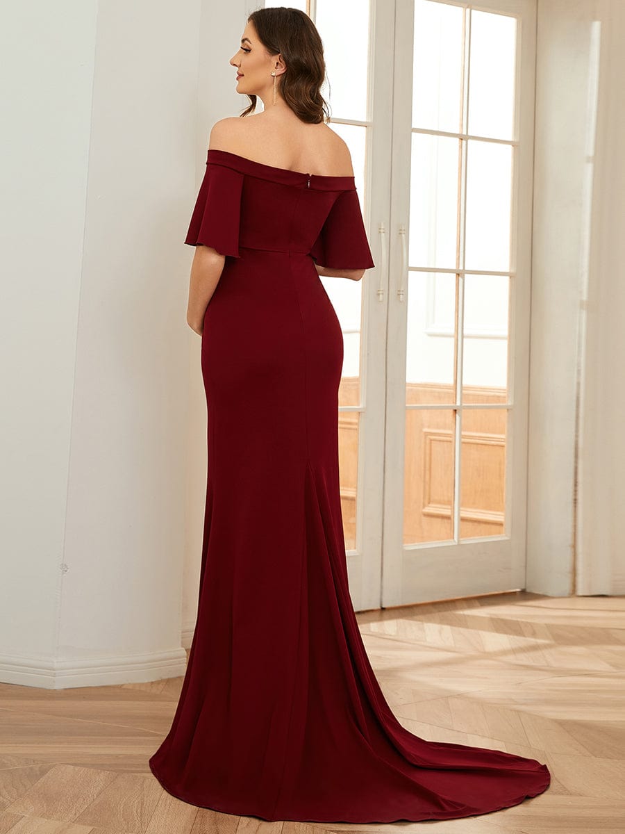 V-Neck Off-Shoulder A-Line Fishtail Maternity Dress #Color_Burgundy V-Neck Off-Shoulder A-Line Fishtail Maternity Dress