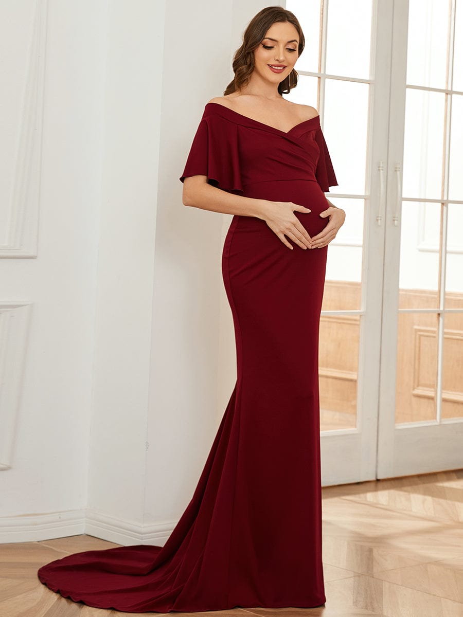 V-Neck Off-Shoulder A-Line Fishtail Maternity Dress #Color_Burgundy V-Neck Off-Shoulder A-Line Fishtail Maternity Dress