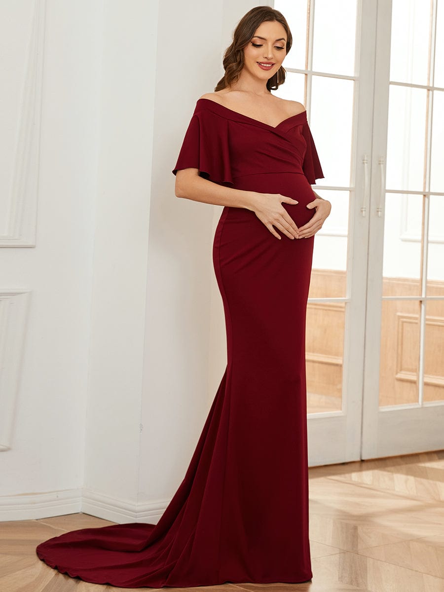 V-Neck Off-Shoulder A-Line Fishtail Maternity Dress