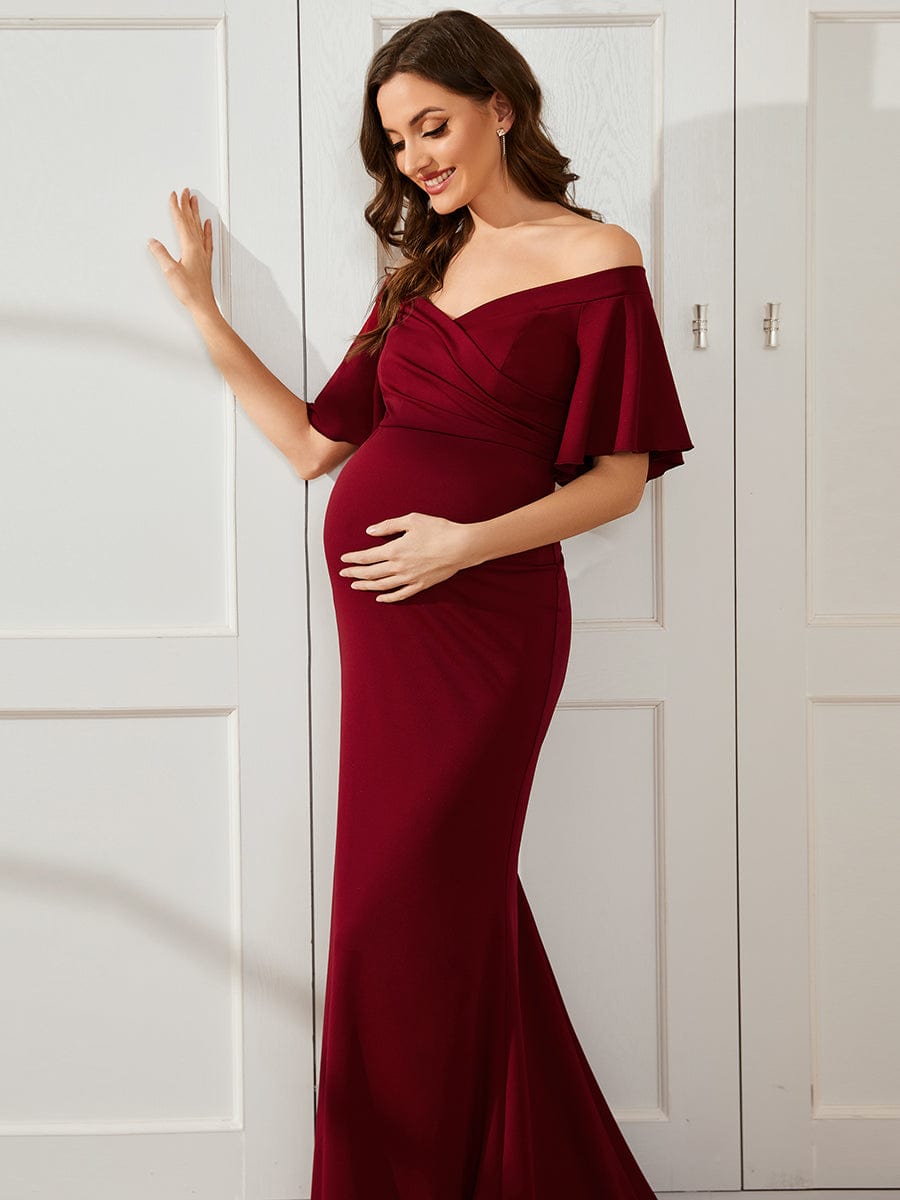 V-Neck Off-Shoulder A-Line Fishtail Maternity Dress #Color_Burgundy V-Neck Off-Shoulder A-Line Fishtail Maternity Dress