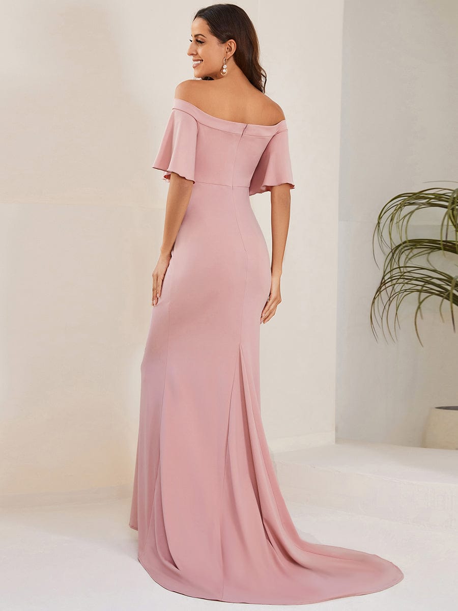 V-Neck Off-Shoulder A-Line Fishtail Maternity Dress #Color_Burgundy V-Neck Off-Shoulder A-Line Fishtail Maternity Dress