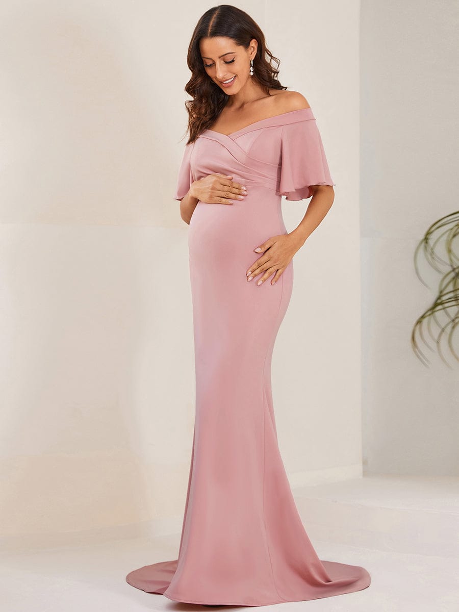 V-Neck Off-Shoulder A-Line Fishtail Maternity Dress #Color_Burgundy V-Neck Off-Shoulder A-Line Fishtail Maternity Dress