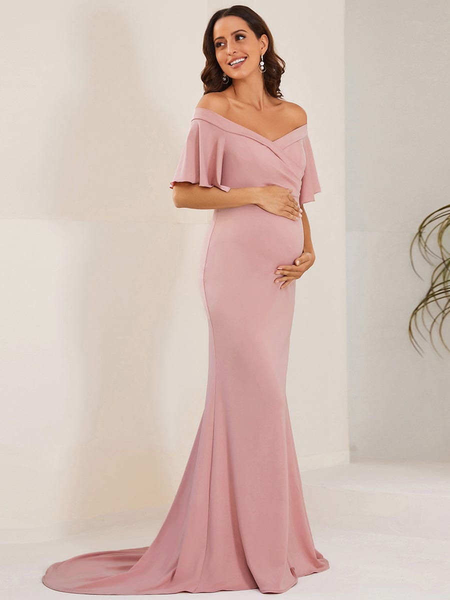 V-Neck Off-Shoulder A-Line Fishtail Maternity Dress #Color_Burgundy V-Neck Off-Shoulder A-Line Fishtail Maternity Dress