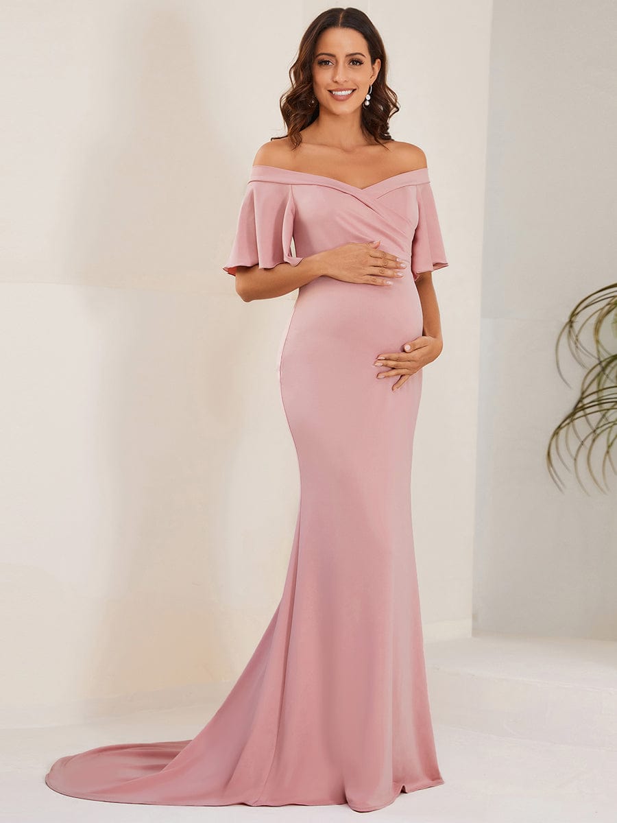 V-Neck Off-Shoulder A-Line Fishtail Maternity Dress #Color_Burgundy V-Neck Off-Shoulder A-Line Fishtail Maternity Dress