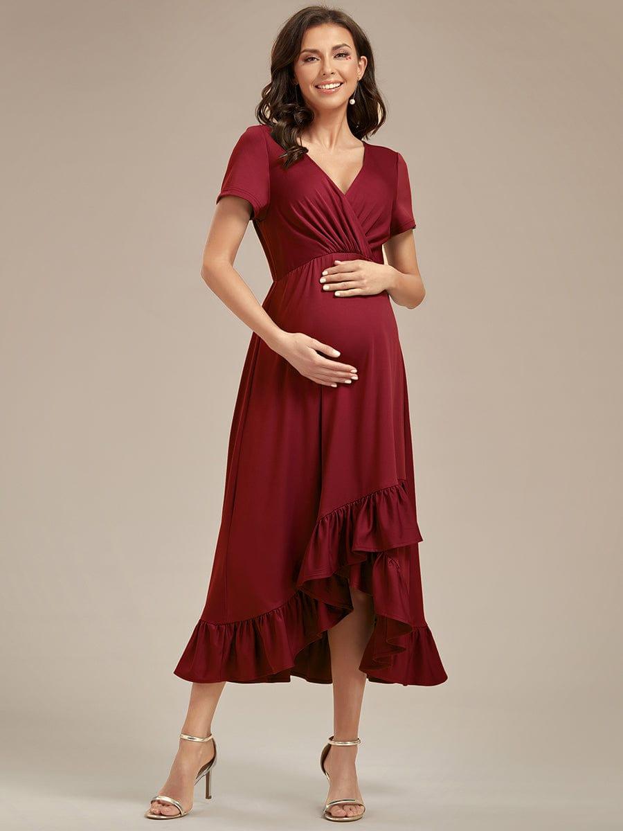 Ruffles High Low Hemline V-Neck High Stretch Maternity Dress