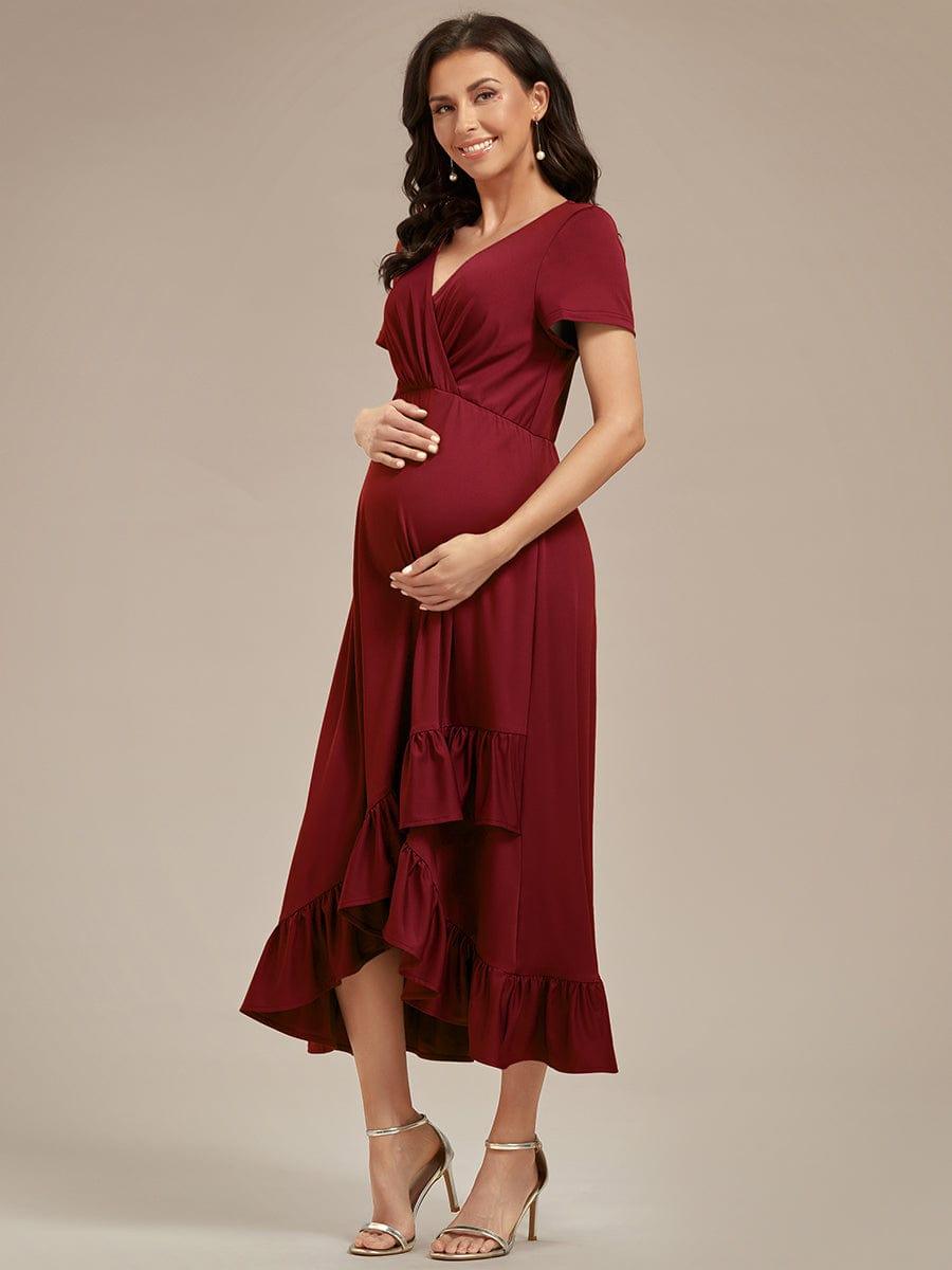 Ruffles High Low Hemline V-Neck High Stretch Maternity Dress #color_Dusty Rose Ruffles High Low Hemline V-Neck High Stretch Maternity Dress