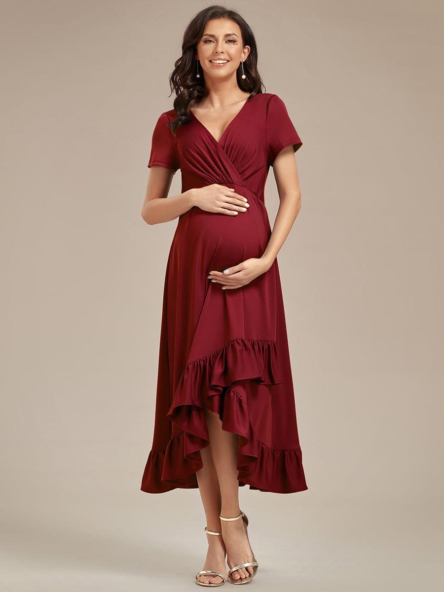 Ruffles High Low Hemline V-Neck High Stretch Maternity Dress #color_Dusty Rose Ruffles High Low Hemline V-Neck High Stretch Maternity Dress