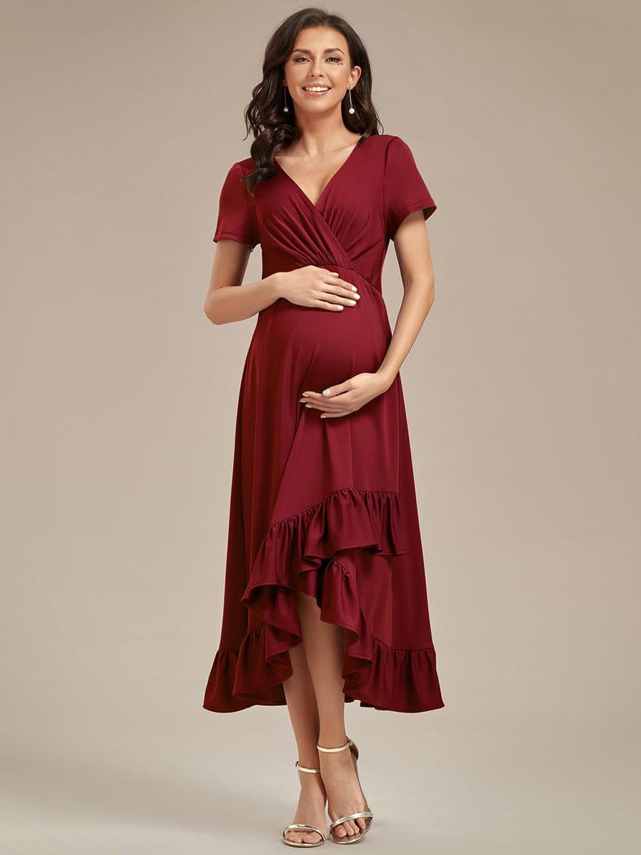 Ruffles High Low Hemline V-Neck High Stretch Maternity Dress