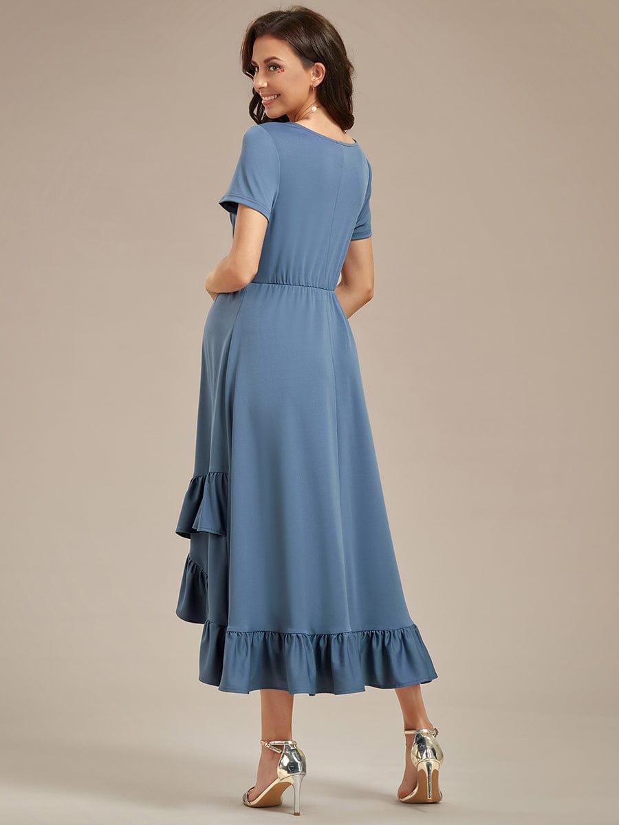 Ruffles High Low Hemline V-Neck High Stretch Maternity Dress #color_Dusty Rose Ruffles High Low Hemline V-Neck High Stretch Maternity Dress