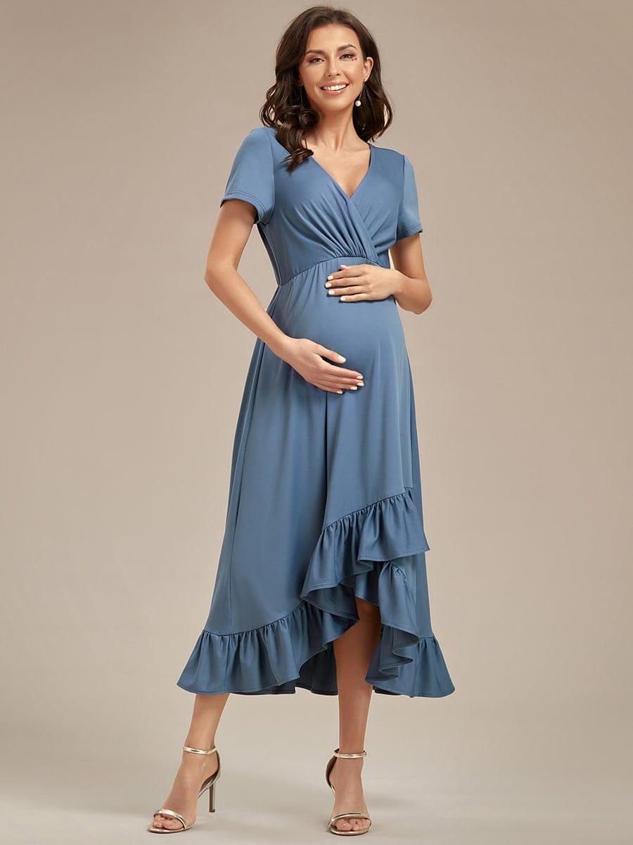 Ruffles High Low Hemline V-Neck High Stretch Maternity Dress #color_Dusty Rose Ruffles High Low Hemline V-Neck High Stretch Maternity Dress