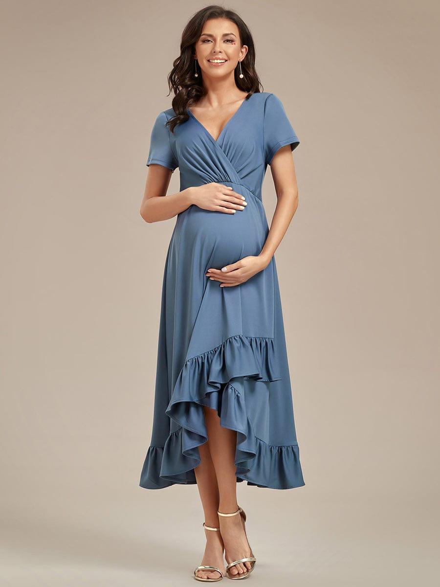 Ruffles High Low Hemline V-Neck High Stretch Maternity Dress #color_Dusty Rose Ruffles High Low Hemline V-Neck High Stretch Maternity Dress