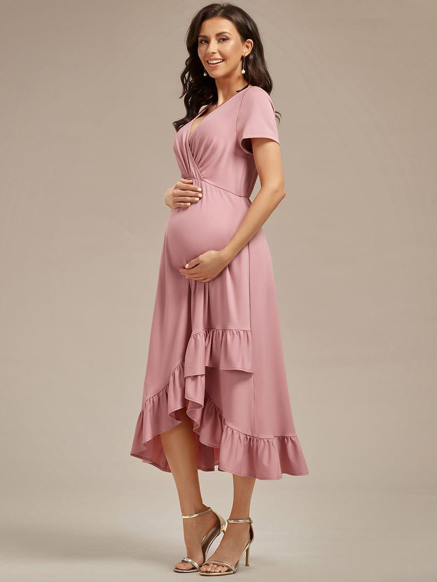 Ruffles High Low Hemline V-Neck High Stretch Maternity Dress